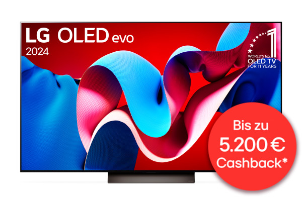 LG EM Cashback Aktion 2024: LG OLED77C48LA - OLED TV Ansicht vorne
